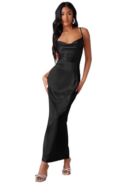 

draped detail split hem satin slip dress b0jp#, Black;gray