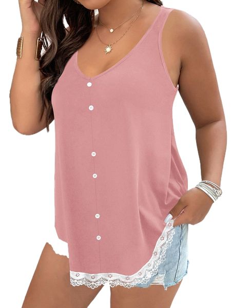 

plus contrast lace button front tank d4ol#, Black