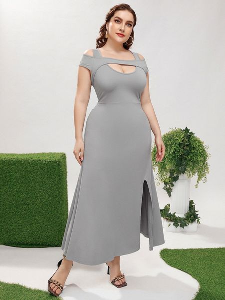 

plus cold shoulder cut out split thigh dress z2s1#, Black