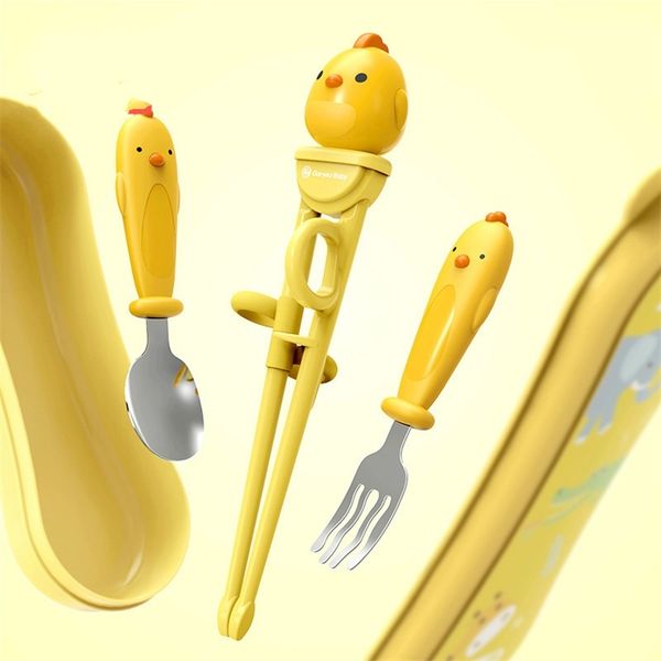 Crianças de pauzinhos treinamentos de desenhos animados infantil colher garfo conjunto de aço inoxidável comendo utensílios de utensílios para bebês acessórios de talheres de bebê 220512