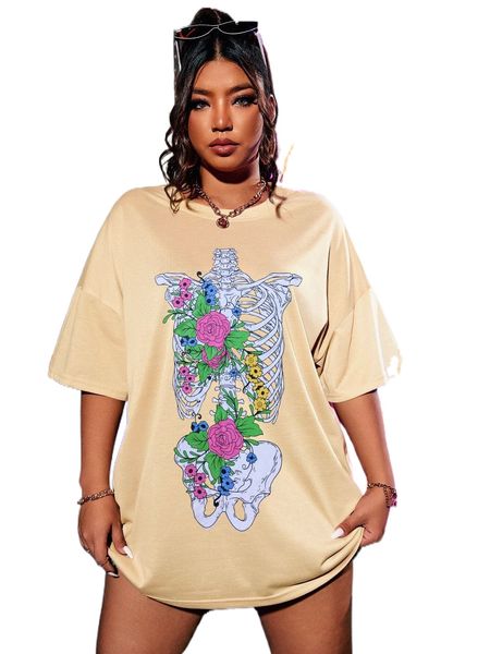 

plus skeleton & floral print drop shoulder tee x0fi#, Black