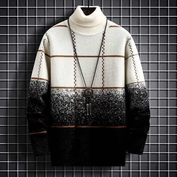 

plaid pullover turtleneck mens sweaters fall winter cashmere sweater thick male keep warm pull homme 220812, White;black