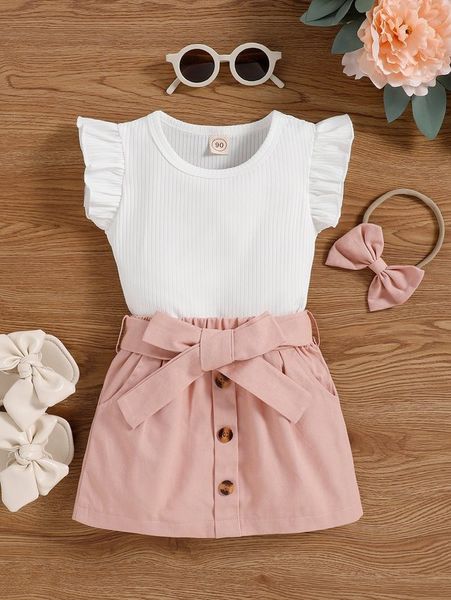 

toddler girls flutter sleeve tee & fake button belted skirt & headband she, White