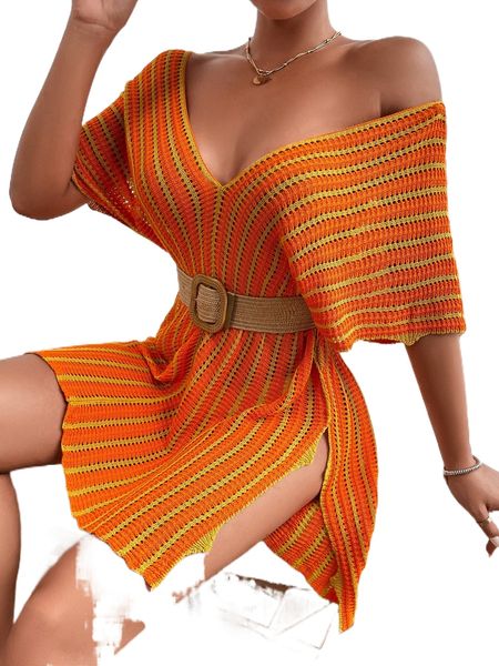 

striped v neck cover up without belt w7qr#, White;black