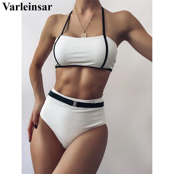 

new halter splicing ribbed female swimsuit high waist bikini women swimwear two-pieces bikini set bather bathing suit swim v2845, White;black
