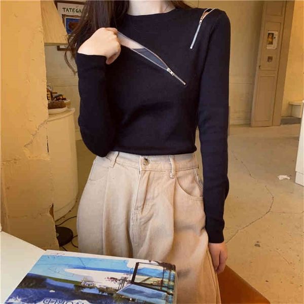 

jxmyy autumn product fashion design sense zipper slim slimming long sleeve bottoming shirt carefully machine knit 210412, White;black