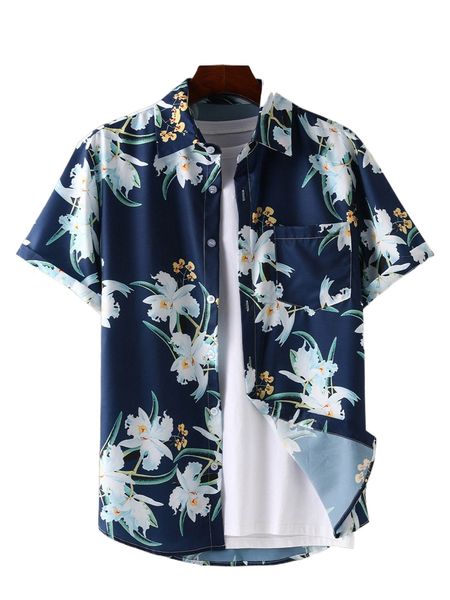 

men 1pc random floral print pocket patched shirt h3pn#, White;black
