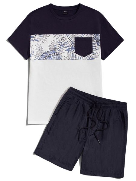 

men tropical print tee & drawstring waist shorts 34y8#, Gray