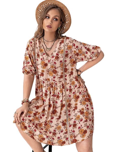 

rusttydustty plus floral print puff sleeve guipure lace detail dress w6zf#, Black