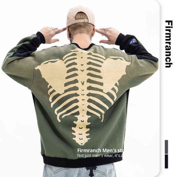 

firmranch men/women skeleton hoodies make old washing casual loose japanese street fashioh hoody purple skelecton sweatshirt t220726, Black