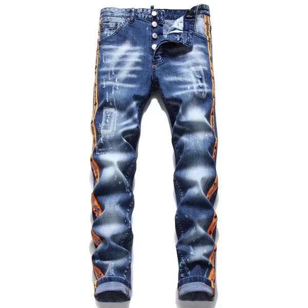 

mens jeans hip hop pants fashion jean men slim fit washed motocycle denim panelled trousers christmas plus gfr street trend zipper chain dec, Blue