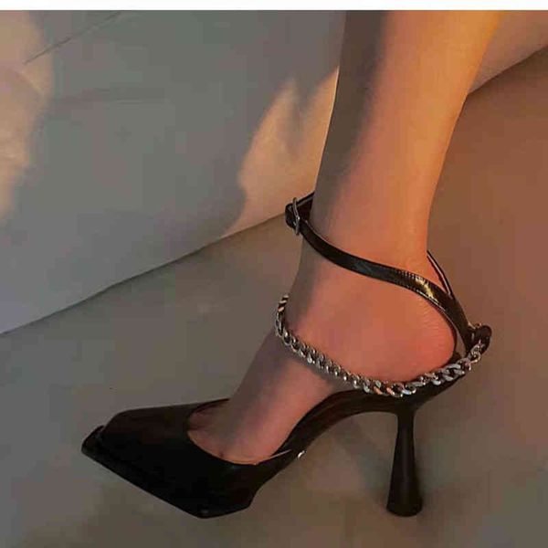 

dress shoes spring and summer patent leather high heels small square head shallow mouth chain sandals women's thin heel shoes rkjo, Black