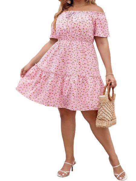 

plus ditsy floral print off shoulder knot front frill trim dress 15mc#, Black