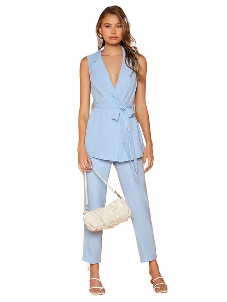 

solid lapel collar belted vest blazer & tailored pants 75nz#, White