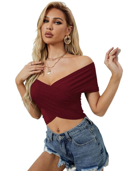 

off shoulder wrap cross crop i5sp#, White