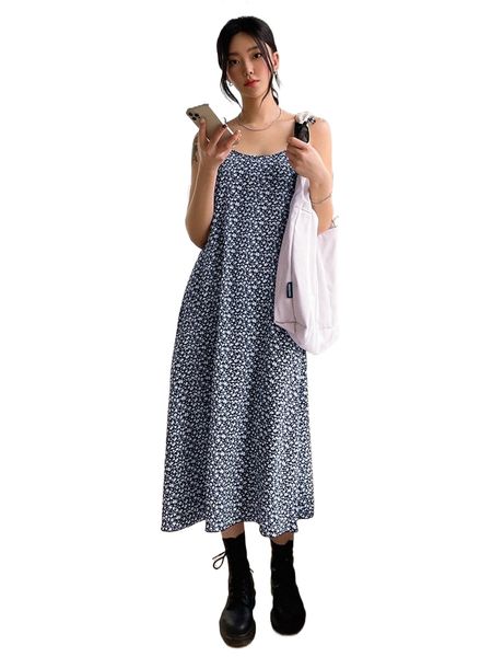 

dazy ditsy floral tie shoulder cami dress 198w#, Black;gray