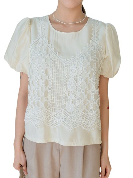 

dazy contrast lace puff sleeve blouse f4qt#, White
