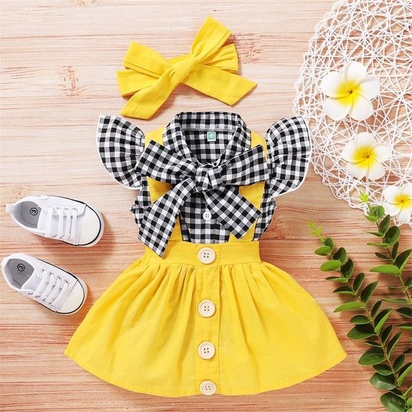 Été enfants né bébé fille Plaid Bow T-shirt bouton jarretelle jupe bandeau tenues 2 pièces vêtements ensembles enfant en bas âge fille tenue 220601