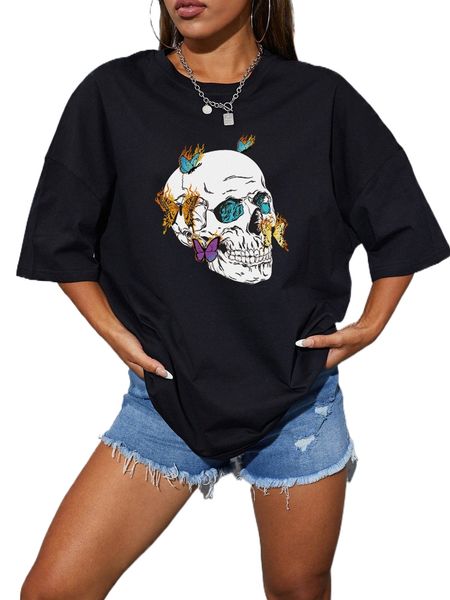 

skull & butterfly print drop shoulder tee i8yq#, White