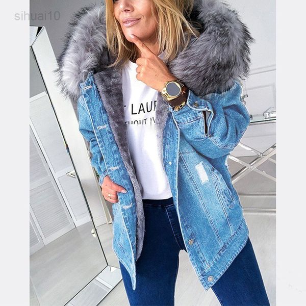 Kadınlar için Ceketler Kış Parka Ceket Giyim Büyük Sahte Kürk Yaka Denim Kapüşonlu Sıcak Jean Basic Kısa Parka Kadın Bombacı Ceket L220725