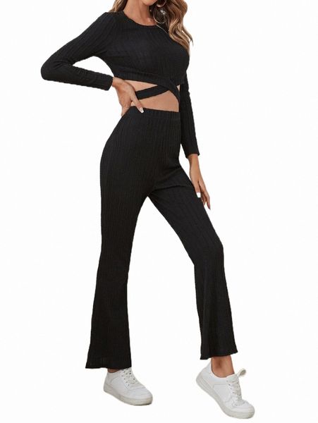

criss cross tie back crop tee & flare leg pants g356#, White