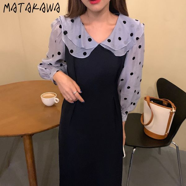 

french polka dot women dress peter pan collar slim waist vestidos puff sleeve stitching fake twopiece long dresses 210506, Black;gray