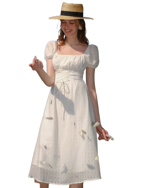 

sweetheart neck swiss dot lace up front shirred back dress u7zi#, Black;gray