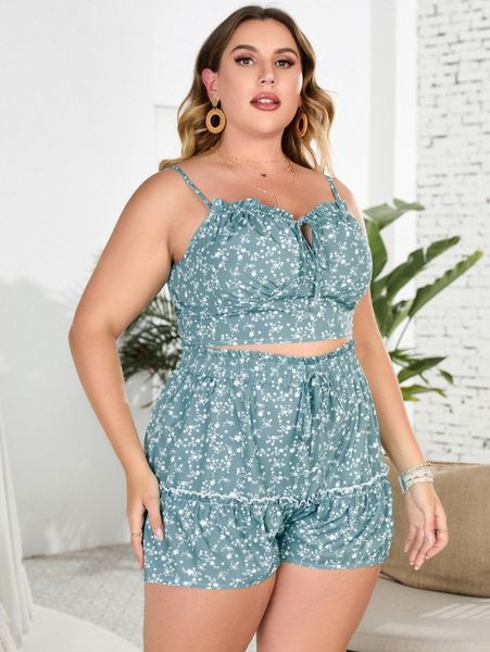 

plus ditsy floral knot cami & frilled shorts i8xg#, Black