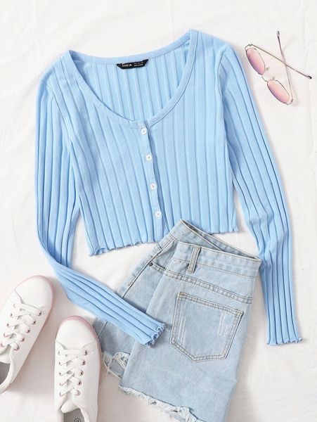 

buttoned front lettuce trim rib-knit p6jj#, White