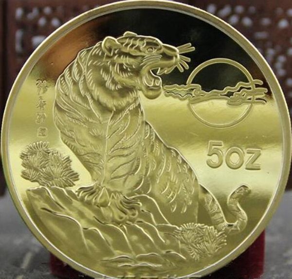 99,99% chinês Shanghai Mint 5oz Arts 1998 Ano Zodiac Tiger Gold Coin
