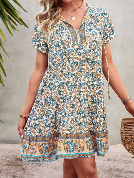 

allover floral print tie neck ruffle hem dress w2dm#, Black;gray