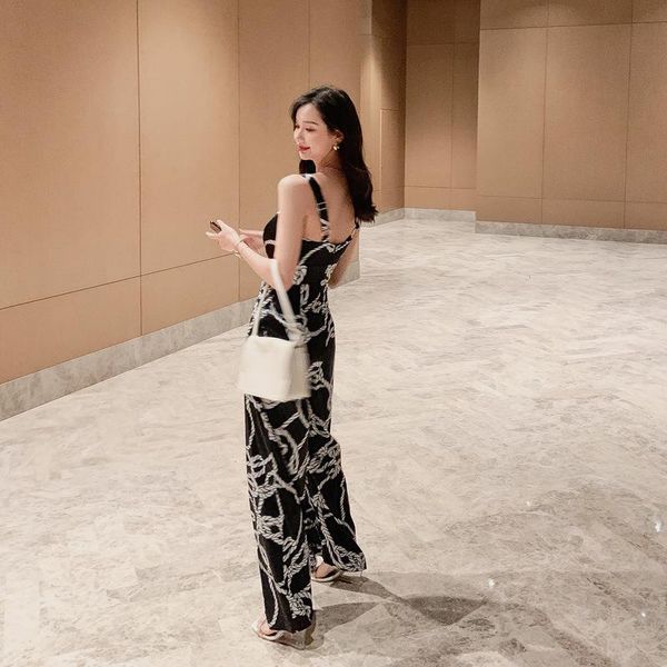 

women vintage printing waist jumpsuit female cottagecore high wide leg pants summer spaghetti strap, Black;white