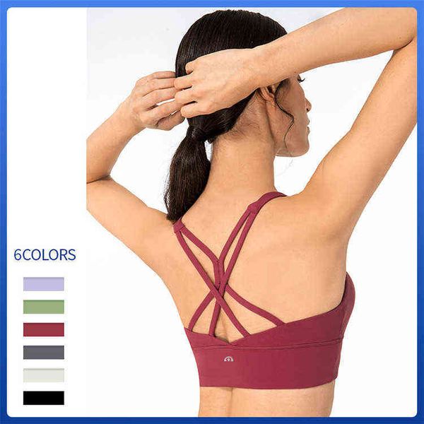 

lulu lu-ds131 bras brand sports underwear women's cross back elastic fitness bra shockproof gathered yoga vest di1z, Red;black