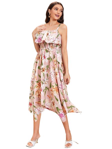 

floral print ruffle trim hanky hem cami dress s2w7#, Black;gray