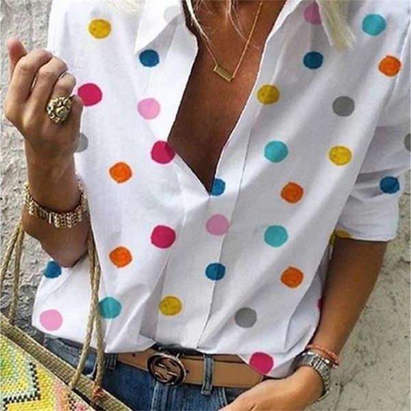 Блузка в горошек Женская рубашка с длинным рукавом с отложным воротником Одежда больших размеров Уличная белая блузка Женская Xxl 220725