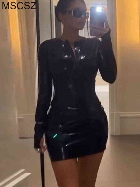 Schwarzes Langarm-Lederkleid mit O-Ausschnitt und halbem Reißverschluss, figurbetontes Kleid, sexy Nachtclub-Minikleid, Y2K-Streetwear-Damenkleid T220816