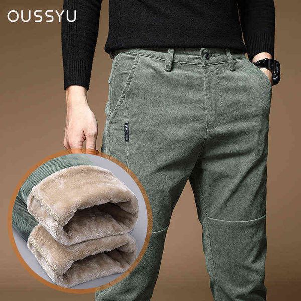 

men jeans oussyu winter fleece warm corduroy pants men thick casual business fashion stretch velvet black gray green trousers 22 1222