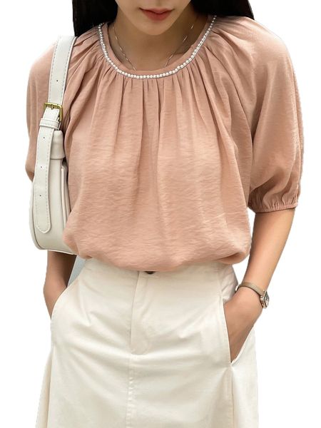

dazy-less ruched pearls beaded puff sleeve blouse f4le#, White