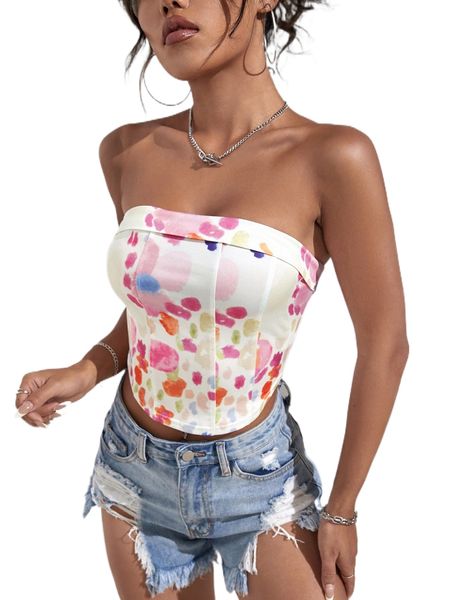 

graphic print curved hem tube a2iy#, White