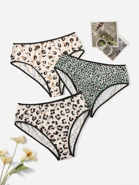 

plus 3pack leopard binding trim panty n6kq#, Black;white