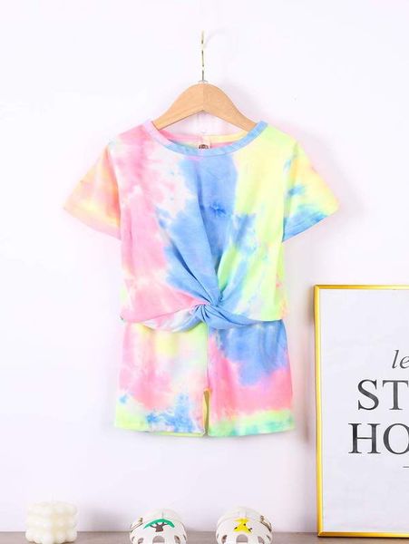 

toddler girls tie dye twist hem tee & shorts she, White