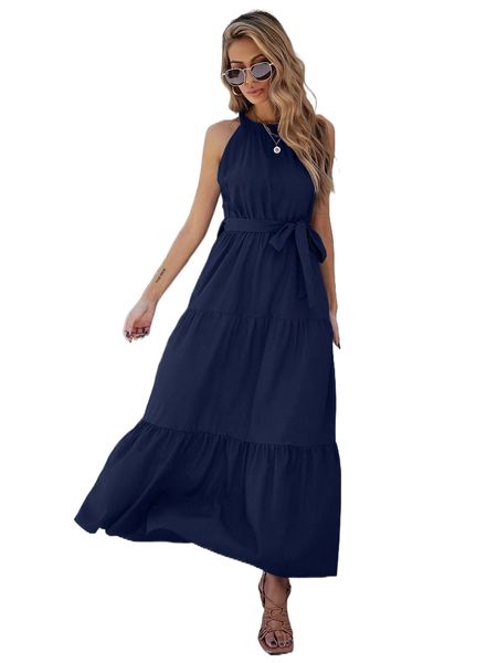 

ruffle hem belted halter dress c5ds#, Black;gray