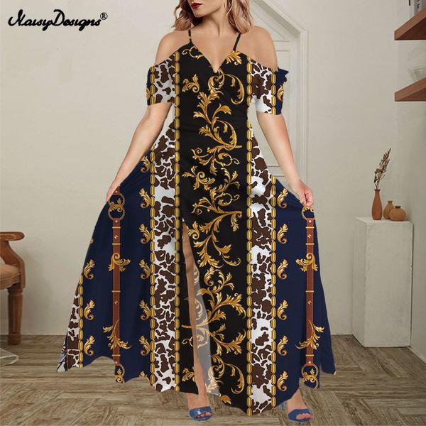 

noisydesigns fashion golden luxury women plus size off shoulder floral maxi bohemian split dress ruffles summer evening 220627, Black;gray