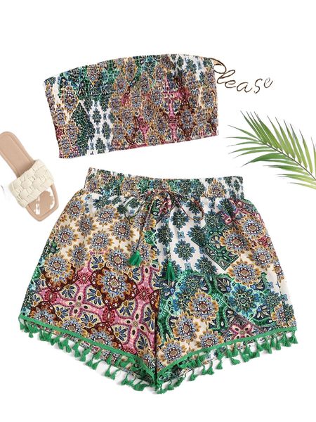 

plus floral shirred tube & fringe hem shorts a1cq#, Black