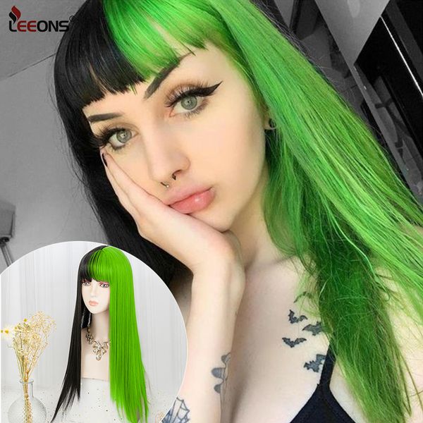 

accessories syntheti half green half black lolita cosplay wig two tone ombre long straight wig with bangs synthetic hair wigs heat resistant, Silver