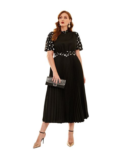 

plus polka dot puff sleeve pleated hem grommet buckled belted dress 37sc#, Black