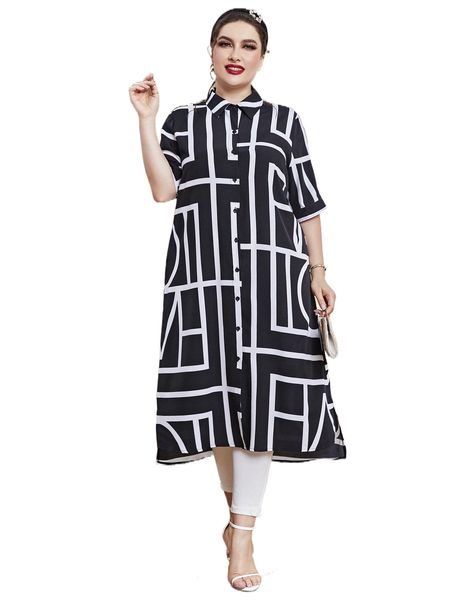 

plus geo print button front tunic blouse b3by#, Black