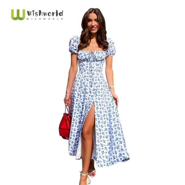 

short puff sleeve flroal printed ruched party high split women summer dress long maxi dresses drawstring vestidos sundress 220510, Black;gray