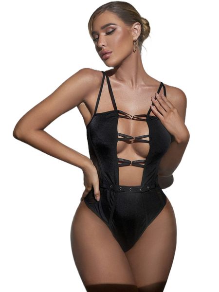 

cut out crisscross front contrast mesh teddy bodysuit y8hz#, Black;red
