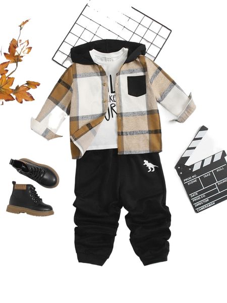 

toddler boys plaid print hooded shirt & sweatpants m6hx#, Black;white